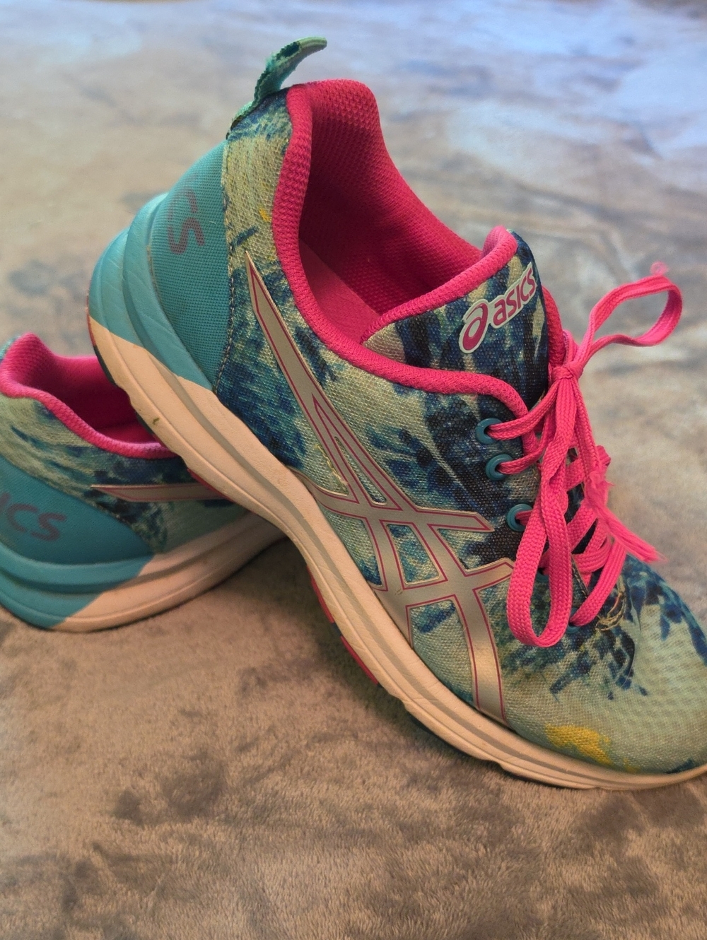 ASICS Women's Teal Floral Running Shoes with Pink Laces
